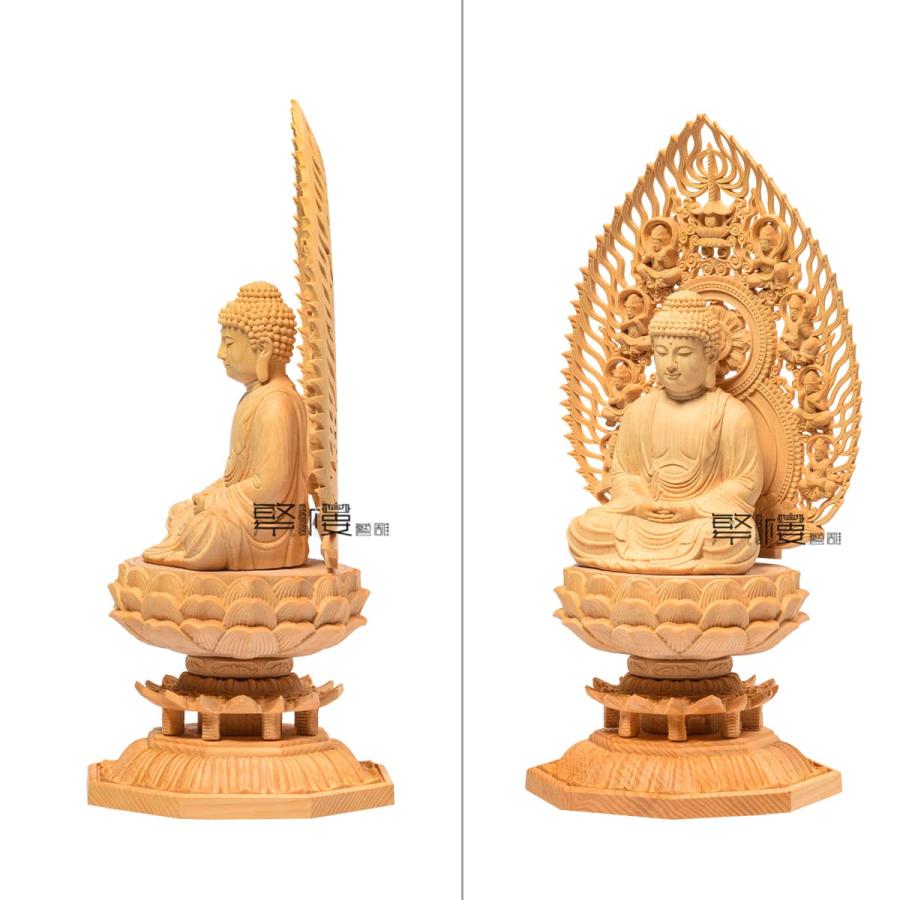繁樓藝雕 仏像 釈迦如来 曹洞宗 臨済宗 仏壇仏像 木彫り 桧木製 祈る 厄除け 飛天光背 八角台座（高さ28cm×巾12cm×奥行12cm）_2