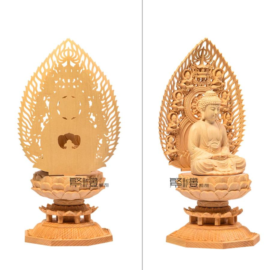 繁樓藝雕 仏像 釈迦如来 曹洞宗 臨済宗 仏壇仏像 木彫り 桧木製 祈る 厄除け 飛天光背 八角台座（高さ28cm×巾12cm×奥行12cm）_3