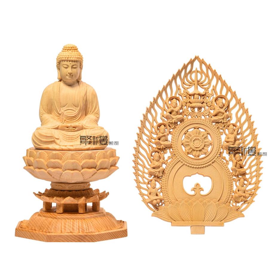 繁樓藝雕 仏像 釈迦如来 曹洞宗 臨済宗 仏壇仏像 木彫り 桧木製 祈る 厄除け 飛天光背 八角台座（高さ28cm×巾12cm×奥行12cm）_4