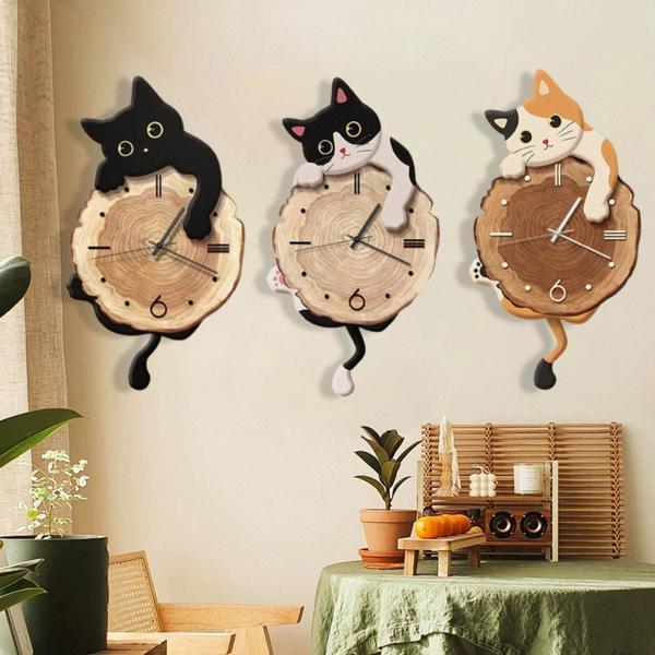 猫の壁掛け時計 動物装飾時計 子供部屋 寝室用 ブラック : 石通ストア