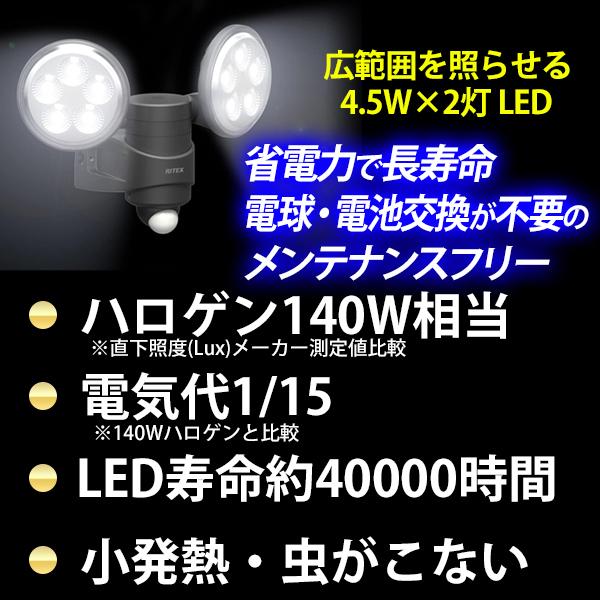 センサーライト 屋外 Led コンセント 4 5w 2灯 Ledセンサーライト コンセント式 防雨型 防犯対策 駐車場 Led Ac8 ムサシ Ritex ライテックス マスダショップ 通販 Paypayモール