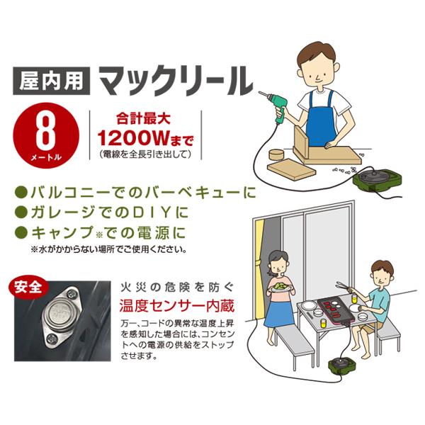 延長コード 8m コードリール マックリール リーラー 屋内用 温度センサー コンセント 2口 巻き取り M S 8og ハタヤ 日本製 マスダショップ 通販 Paypayモール