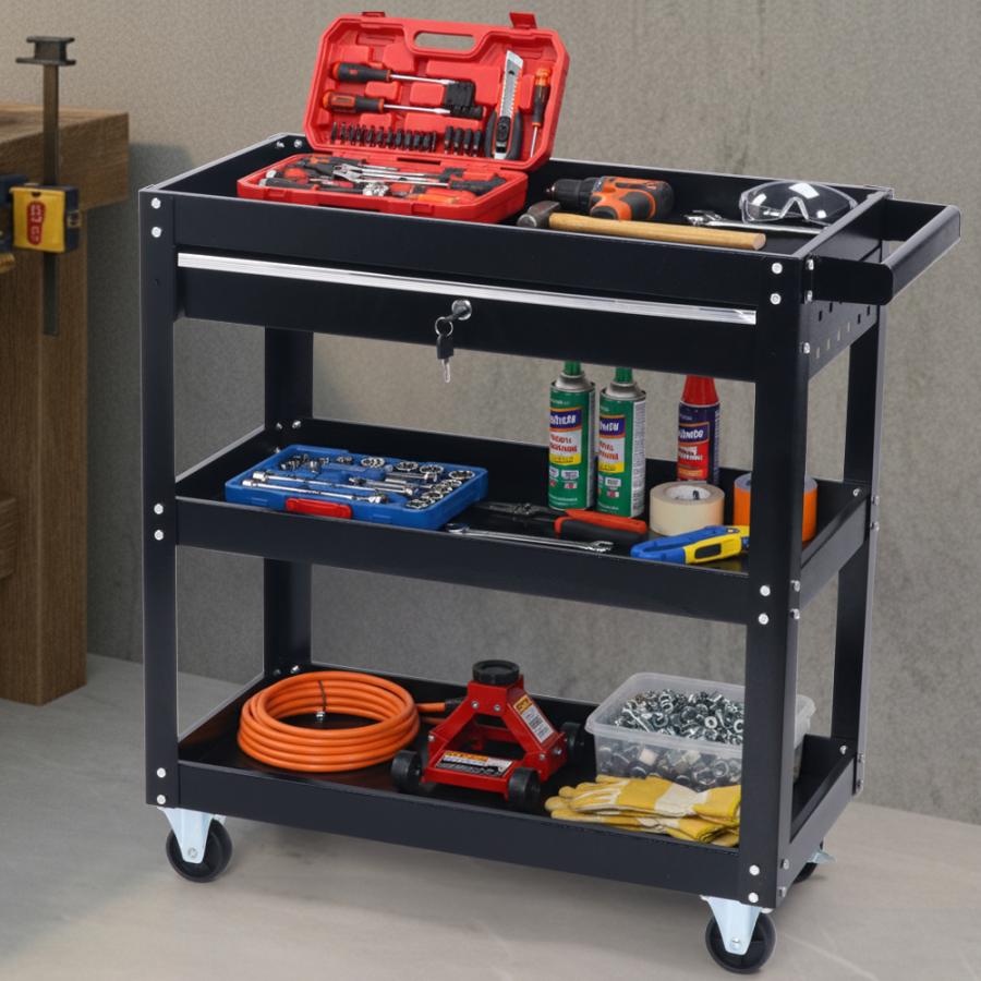 ツールワゴン ツールカート 3段 工具ワゴン 工具収納 キャスター付き 引き出し付き 鍵付き 作業台 スチール製 ブラック（Yahoo!・マスダショップ）
