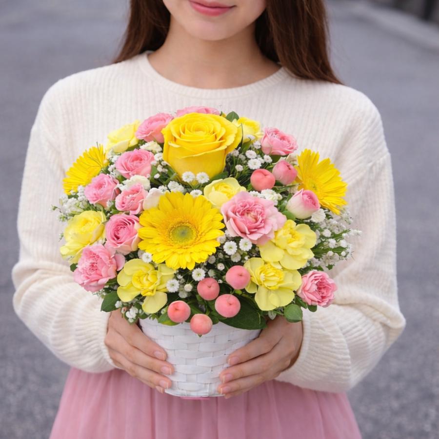 生花 フラワーアレンジメント イエロー系 卒業式 ホワイトデー バラ