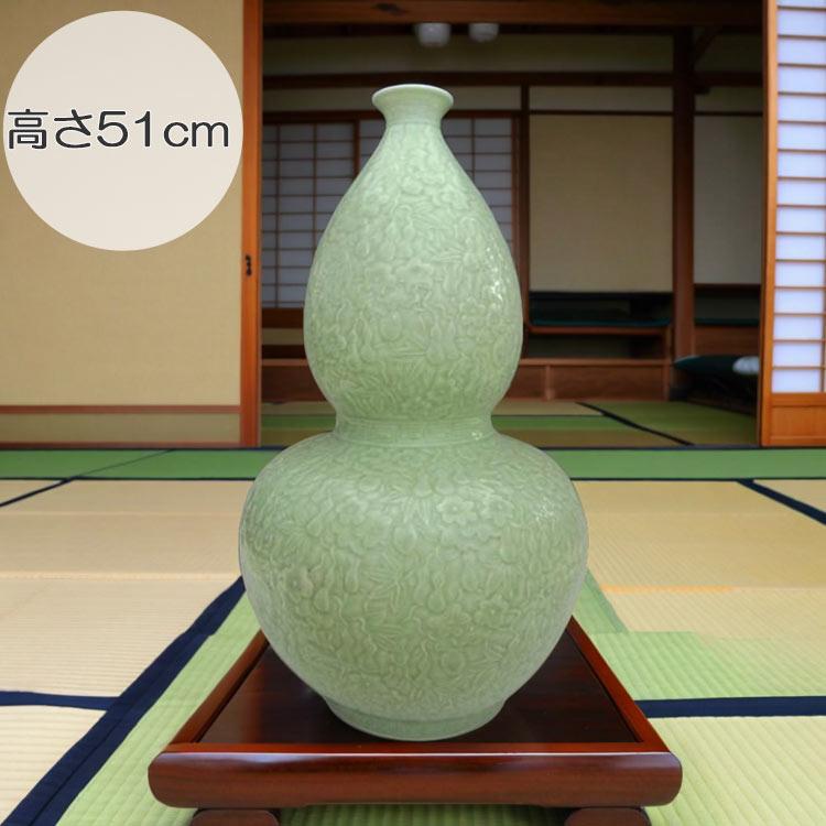 海剛 作 象嵌大壺 高さ43cm 鶴文 大型花瓶 韓国青磁 美品 陶磁器 置物