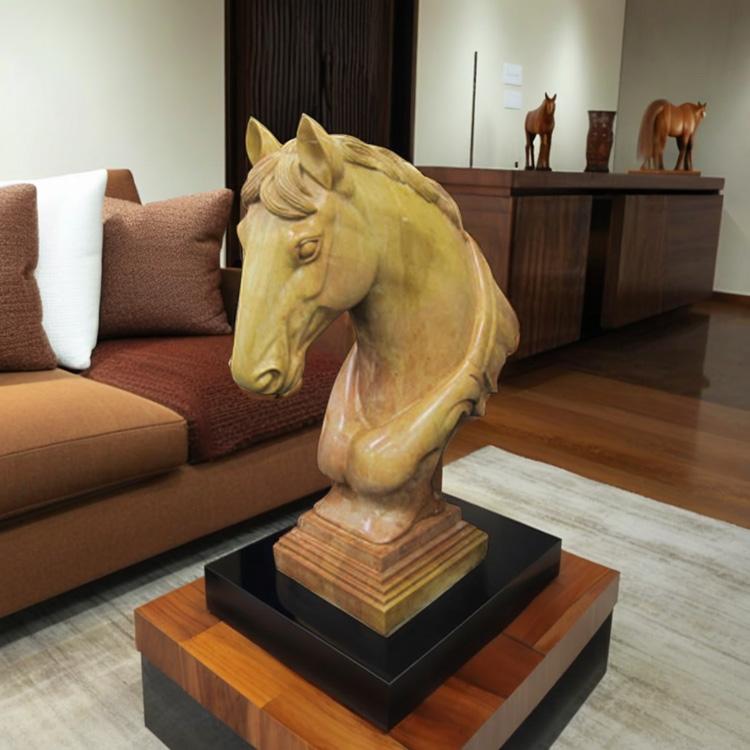 大理石彫刻 馬の頭部 (茶)高さ82cm 動物像 オブジェ ウマ 大理石 彫刻