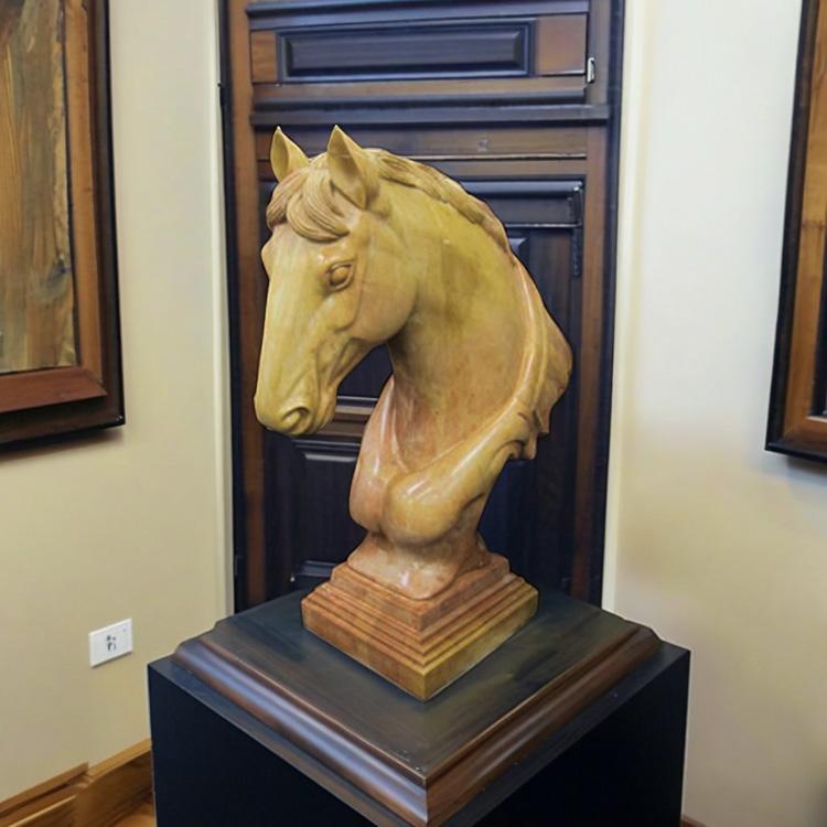 大理石彫刻 馬の頭部 (茶)高さ82cm 動物像 オブジェ ウマ 大理石 彫刻