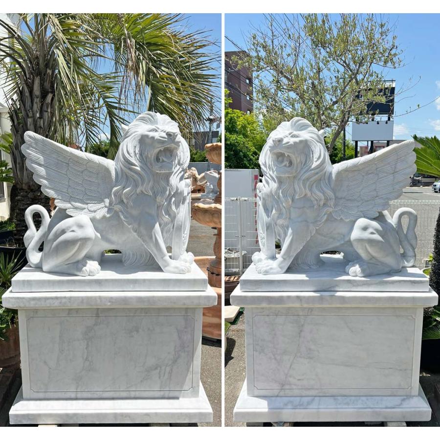 天然大理石彫刻 翼を持つライオン 有翼の獅子 ペア H199cm 魔除け 石像
