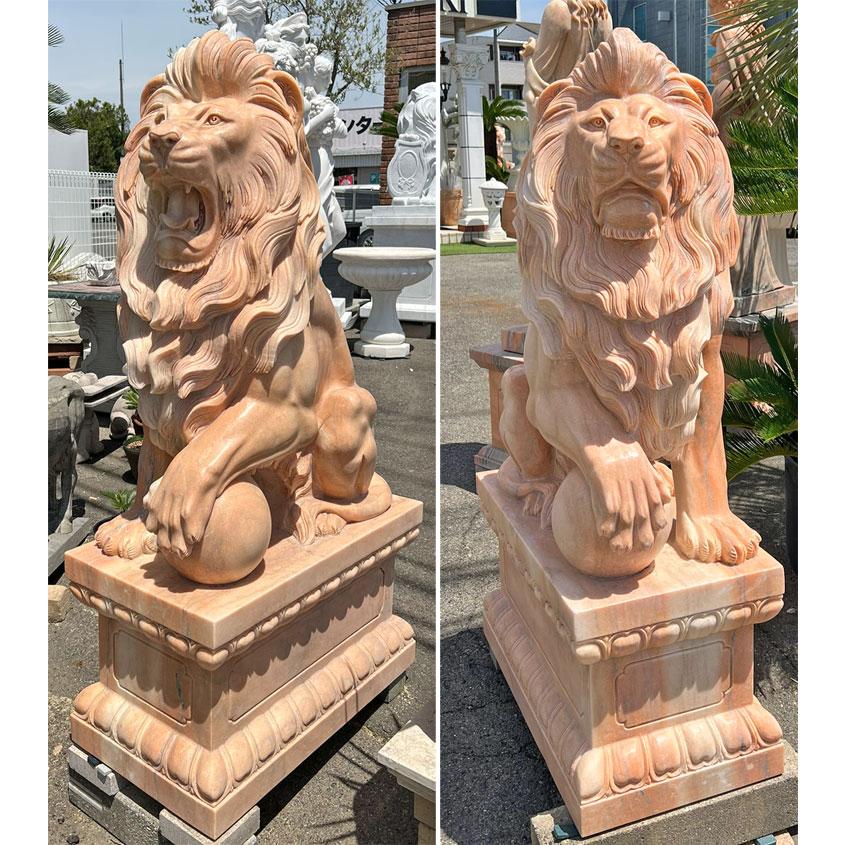 石　大理石っぽい石でできたライオン 天然大理石彫刻 ライオン ペア H113cm 動物 石像 大理石 オブジェ 置物
