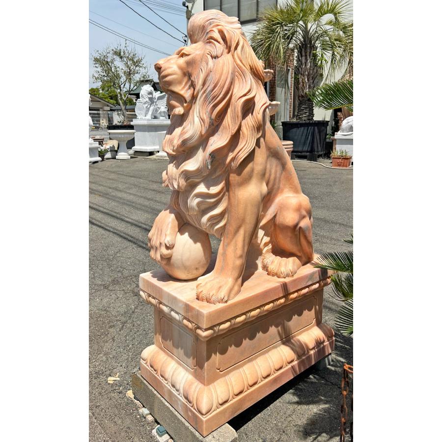 天然大理石彫刻 玉を持つライオン ペア H158cm 阿吽 狛犬 像 宝珠 動物