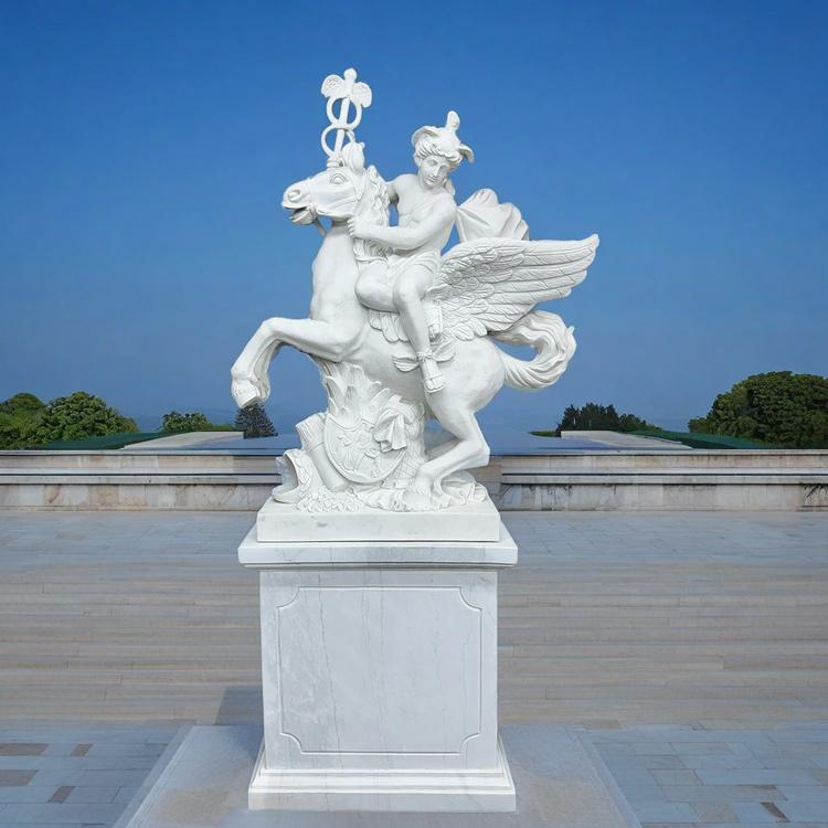 天然大理石彫刻 ペガサスに乗る メルクリウス 220cm 石像 ギリシャ神話