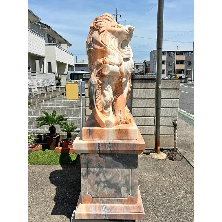 大型 天然大理石彫刻 翼を持つライオン 有翼の獅子 ペア ピンク H205cm