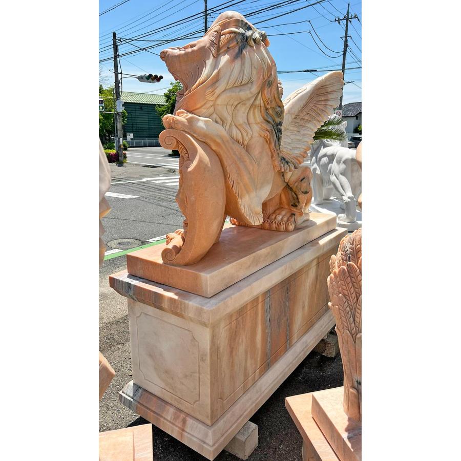 大型 天然大理石彫刻 翼を持つライオン 有翼の獅子 ペア ピンク H205cm