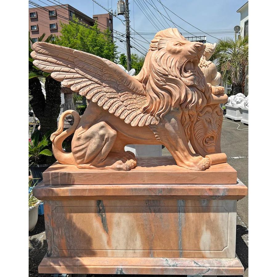 大型 天然大理石彫刻 翼を持つライオン 有翼の獅子 ペア ピンク H205cm