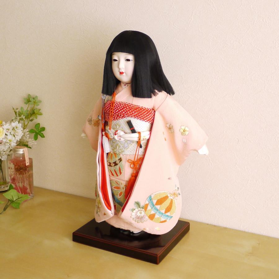 市松人形 元賀章介 10号尺 正絹手刺繍 まり ピンク色 手塗本漆台 増村