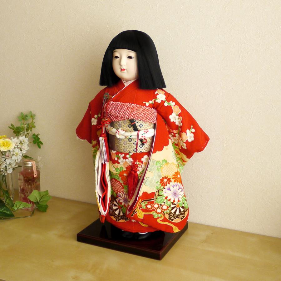 市松人形 元賀章介 12号尺二正絹別染 雲取りに花車 赤色 手塗本漆塗台