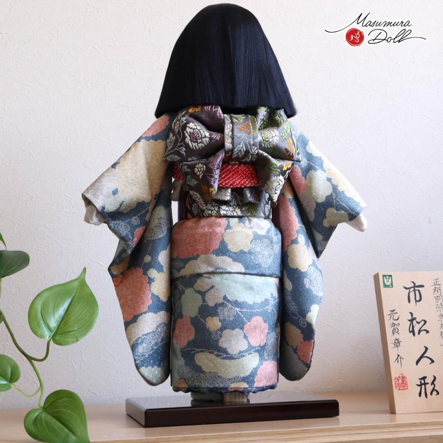 市松人形 元賀章介 12号尺二正絹 江戸小紋 松竹梅 藍色 越前塗台 市松人形 女の子  上品 童 増村人形店 MMN3132の画像