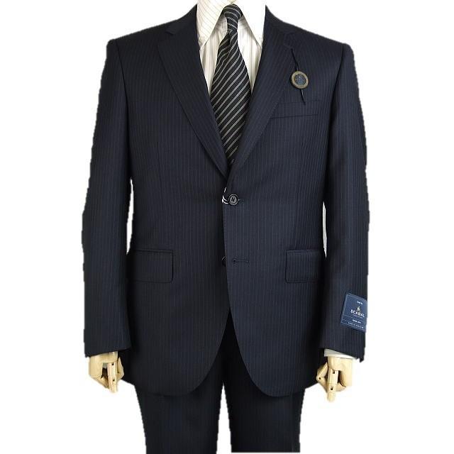 【A体】【日本製】【春夏秋物】【SCABAL スキャバル〜 super140´s】ベーシックタイプ　2ボタンシングルスーツ 紺ストライプ/ブルー＆グレー交互ストライプの画像