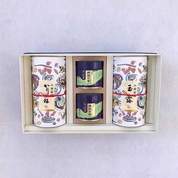 玉露200g缶入・抹茶神護の昔30g缶入・抹茶神苑の白30g缶入・かりがね180g缶入 A-120　お中元 西尾の抹茶 粉末 プレゼント 贈り物 ギフト お茶 日本茶 | 