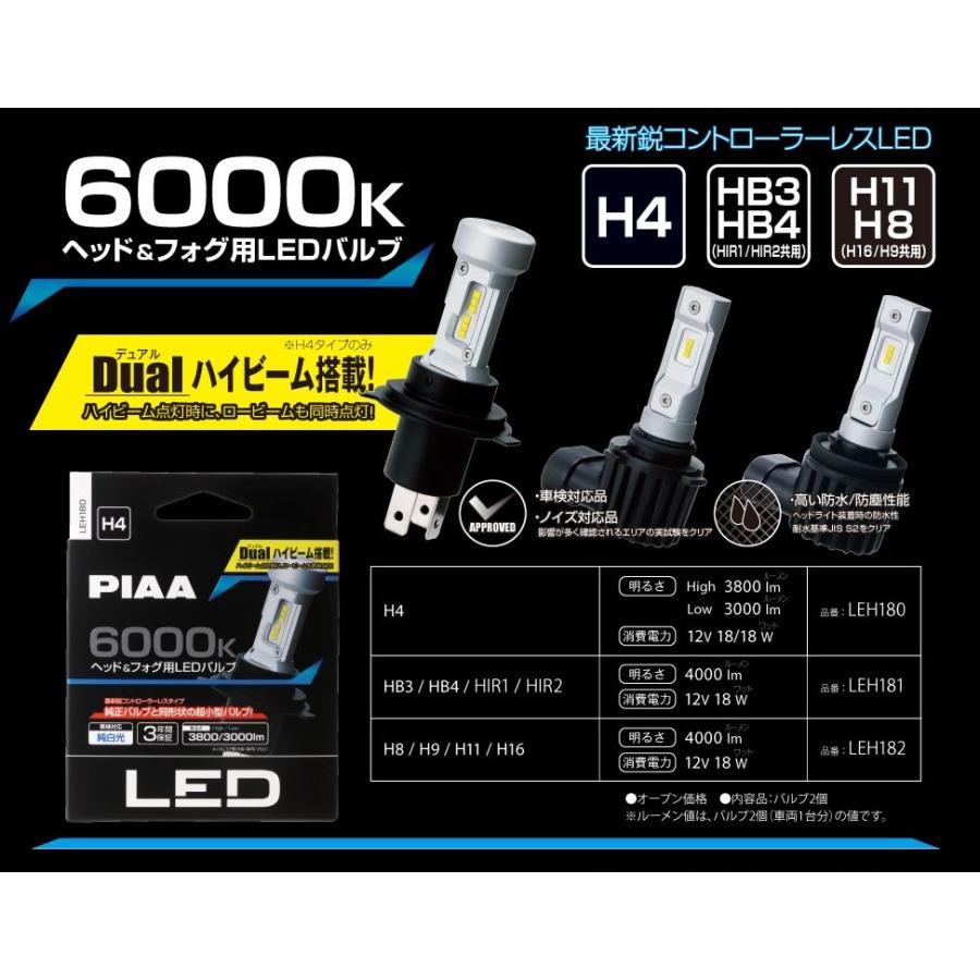 PIAA ヘッドライト用・フォグライト用 LEDバルブ H4 6000Ｋ 純白光 車検対応品 3年保証 LEH180｜materiamix-shop｜02