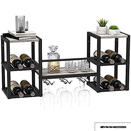 MBQQ Industrial Wine Racks Wall Mounted,Rustic Wall Shelf with 4 Stem Glass Holder,24 Pipe Hanging Wine Rack,2-Tiers Wood Floating Shelves,Home Kitchen Decor Display Rack,Black 