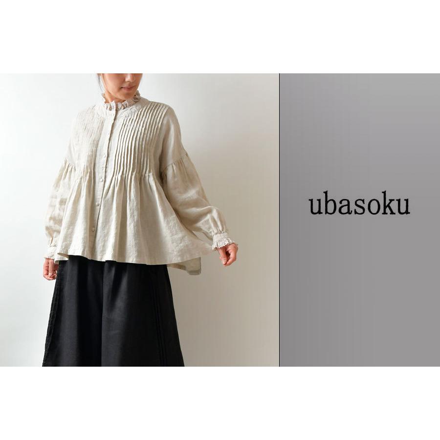 ブラウス ubasoku ウバソク リネン 胸元 多数 ピンタック 襟 カウス 