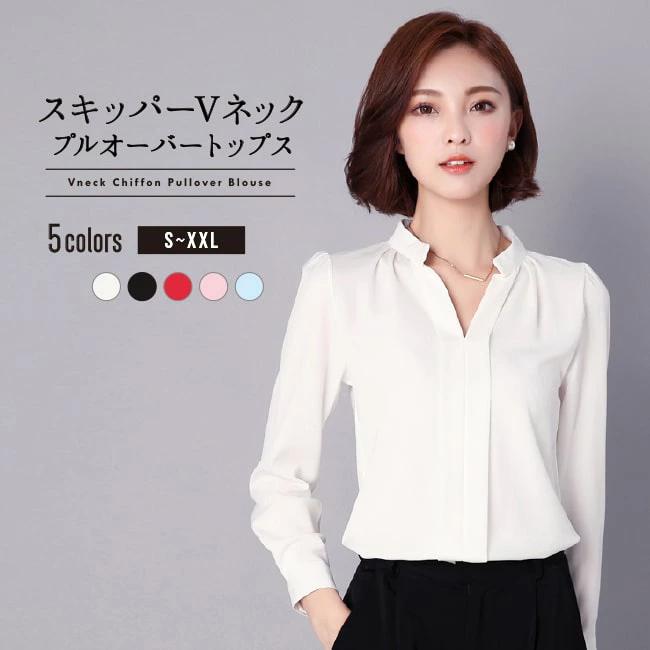 【在庫処分セール！送料無料！】シャツ スキッパー レディース ブラウス 長袖 トップス カットソー シフォン タック 無地 通勤 オフィスカジュアル | ブランド登録なし