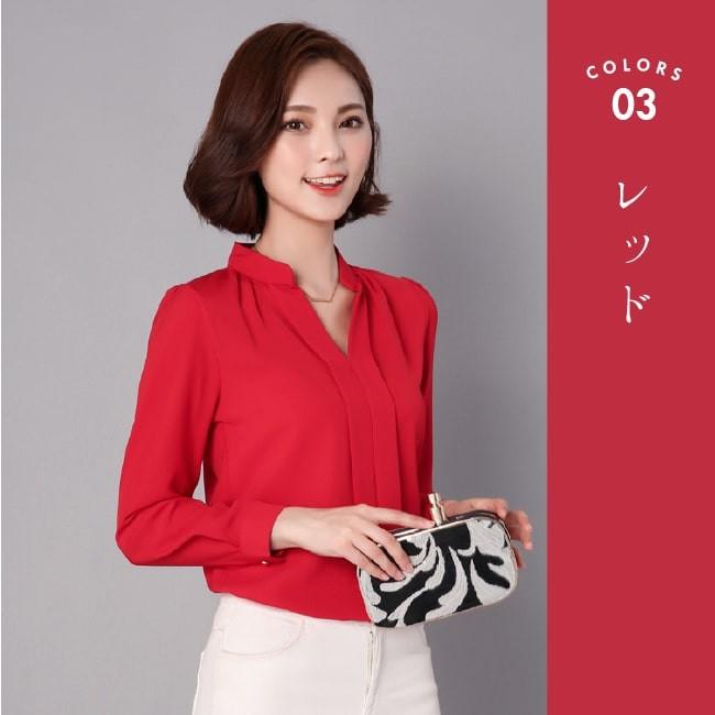 【在庫処分セール！送料無料！】シャツ スキッパー レディース ブラウス 長袖 トップス カットソー シフォン タック 無地 通勤 オフィスカジュアル | ブランド登録なし | 10