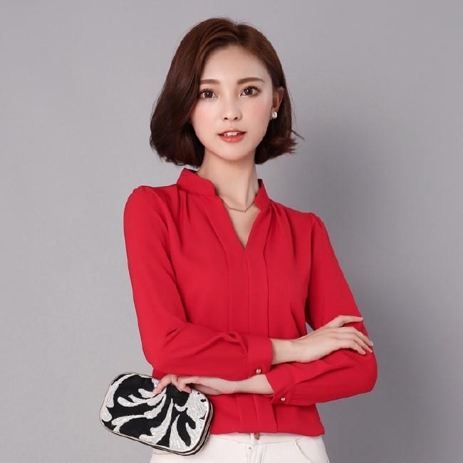 【在庫処分セール！送料無料！】シャツ スキッパー レディース ブラウス 長袖 トップス カットソー シフォン タック 無地 通勤 オフィスカジュアル | ブランド登録なし | 11