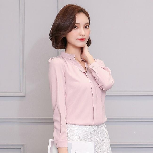 【在庫処分セール！送料無料！】シャツ スキッパー レディース ブラウス 長袖 トップス カットソー シフォン タック 無地 通勤 オフィスカジュアル | ブランド登録なし | 15