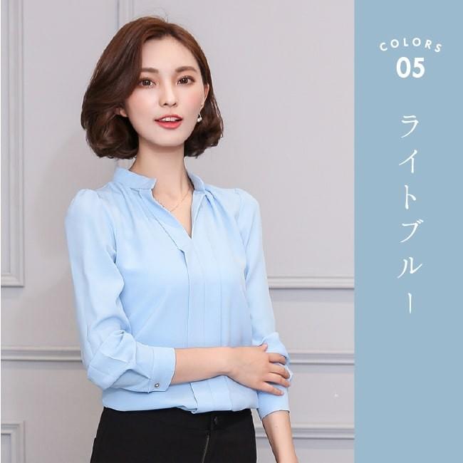 【在庫処分セール！送料無料！】シャツ スキッパー レディース ブラウス 長袖 トップス カットソー シフォン タック 無地 通勤 オフィスカジュアル | ブランド登録なし | 16