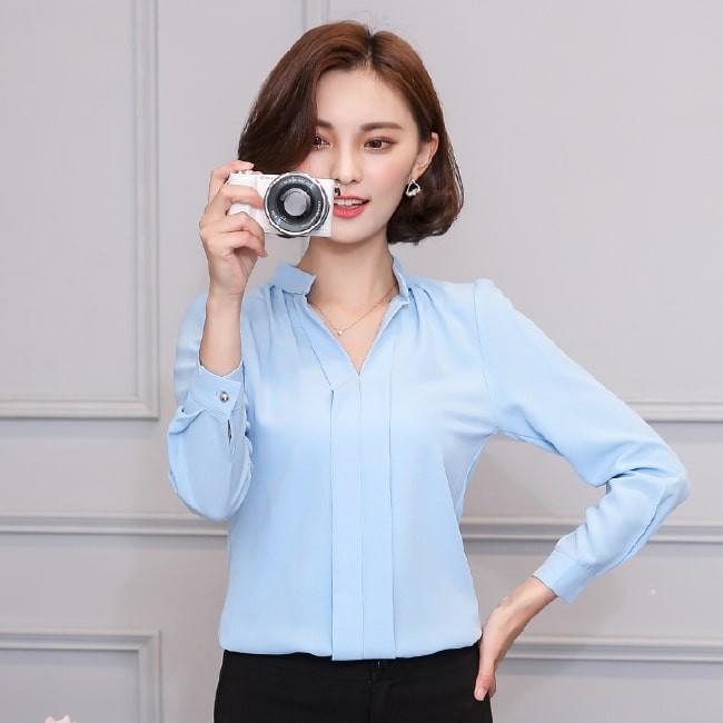 【在庫処分セール！送料無料！】シャツ スキッパー レディース ブラウス 長袖 トップス カットソー シフォン タック 無地 通勤 オフィスカジュアル | ブランド登録なし | 17