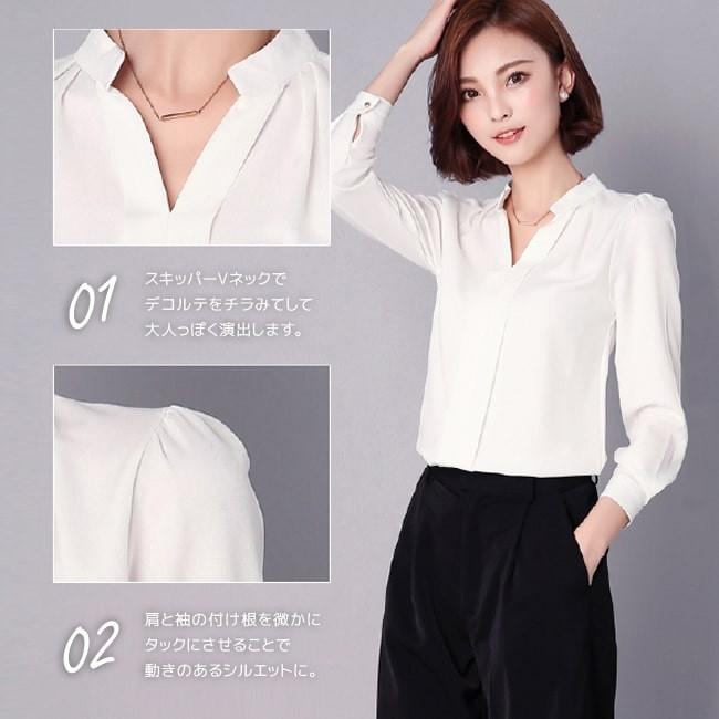 【在庫処分セール！送料無料！】シャツ スキッパー レディース ブラウス 長袖 トップス カットソー シフォン タック 無地 通勤 オフィスカジュアル | ブランド登録なし | 02