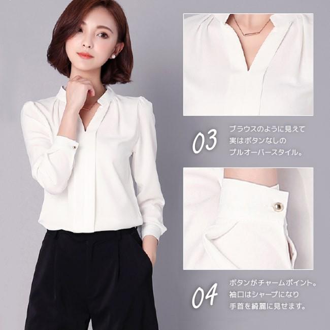 【在庫処分セール！送料無料！】シャツ スキッパー レディース ブラウス 長袖 トップス カットソー シフォン タック 無地 通勤 オフィスカジュアル | ブランド登録なし | 03