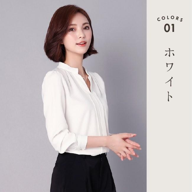 【在庫処分セール！送料無料！】シャツ スキッパー レディース ブラウス 長袖 トップス カットソー シフォン タック 無地 通勤 オフィスカジュアル | ブランド登録なし | 04