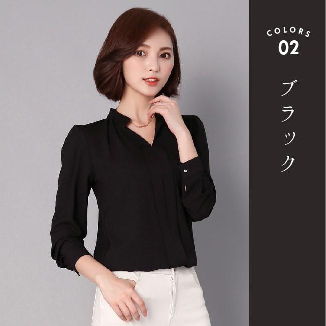 【在庫処分セール！送料無料！】シャツ スキッパー レディース ブラウス 長袖 トップス カットソー シフォン タック 無地 通勤 オフィスカジュアル | ブランド登録なし | 07