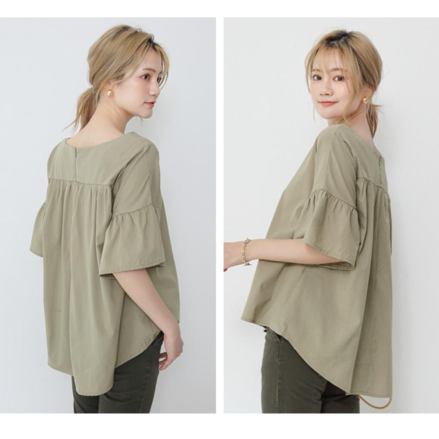 フレア袖 ブラウス 春 夏 トップス 七分袖 五分袖 綿 混麻 コットン