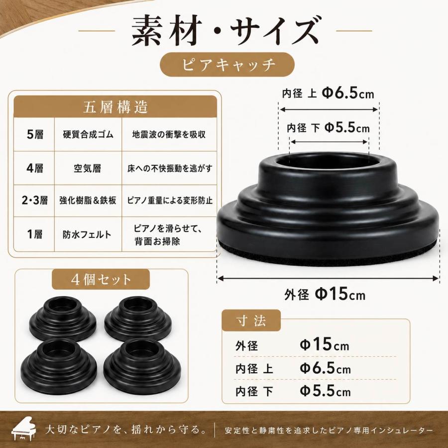 ピアノ 防音 防振 インシュレーター ピアキャッチ 黒 4個1組（アップ