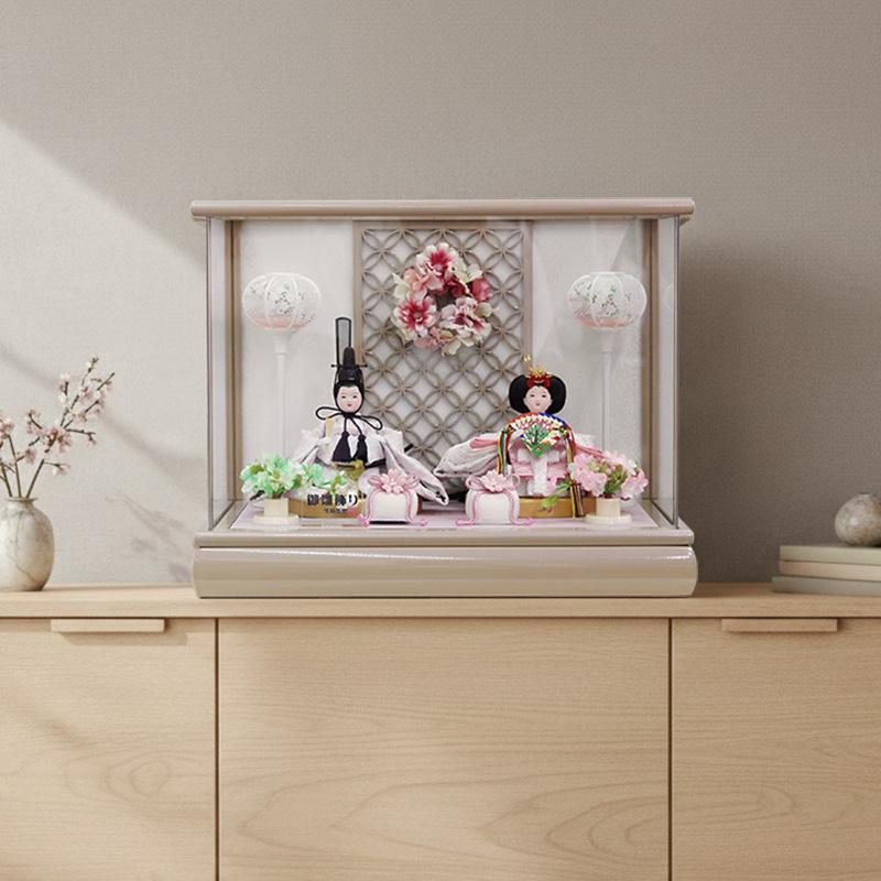 雛人形 ケース飾り コンパクト ベージュグレー塗 アクリルケース