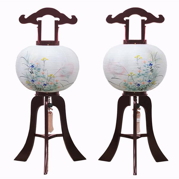 【美品】盆提灯　絹　桜　対 盆提灯 家紋入り 銘木桜 絹張 優美 対柄 二重 提灯セット 6畳