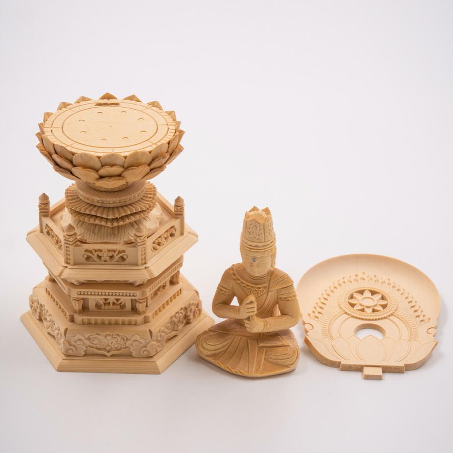 総白木彫六角台座(大日如来) 2.5寸 高さ28.5cm×巾13.8cm×奥行10.2cm