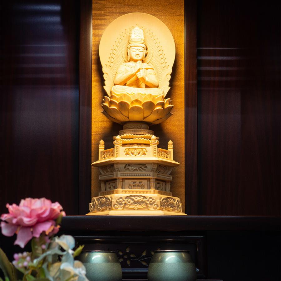 総白木彫六角台座(大日如来) 2.5寸 高さ28.5cm×巾13.8cm×奥行10.2cm