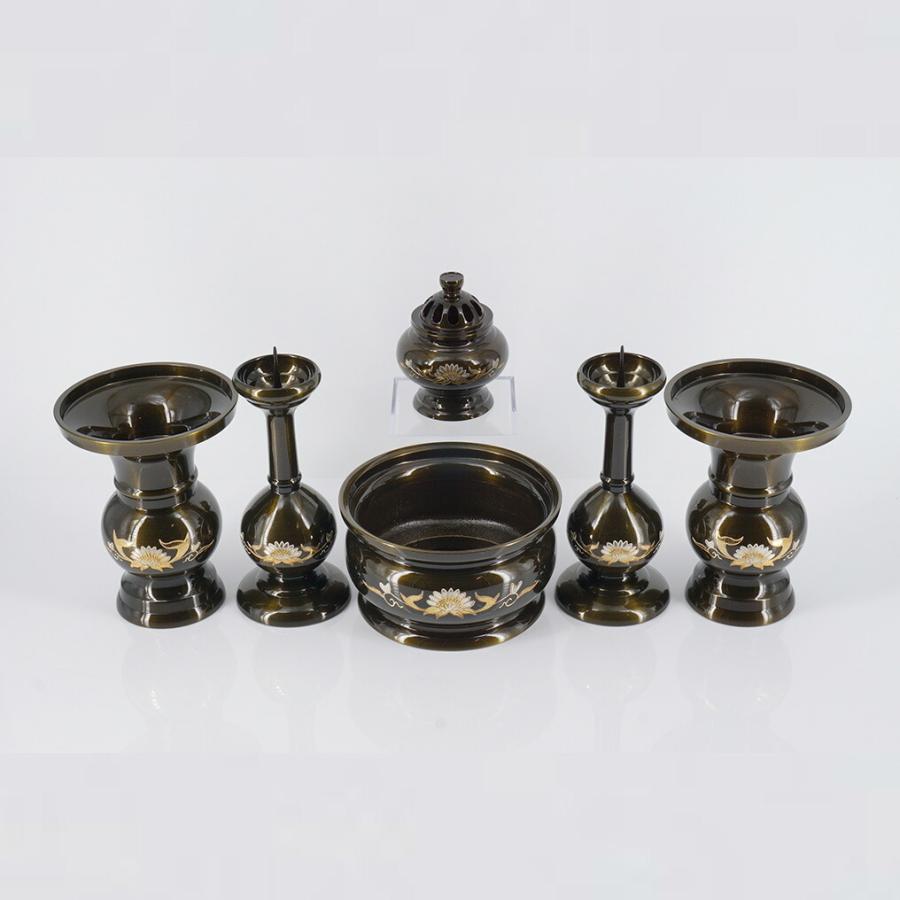 東型セツト_六具足 菊彫（みやび色） 4寸 花高12.5直径9.5口径8.5cm
