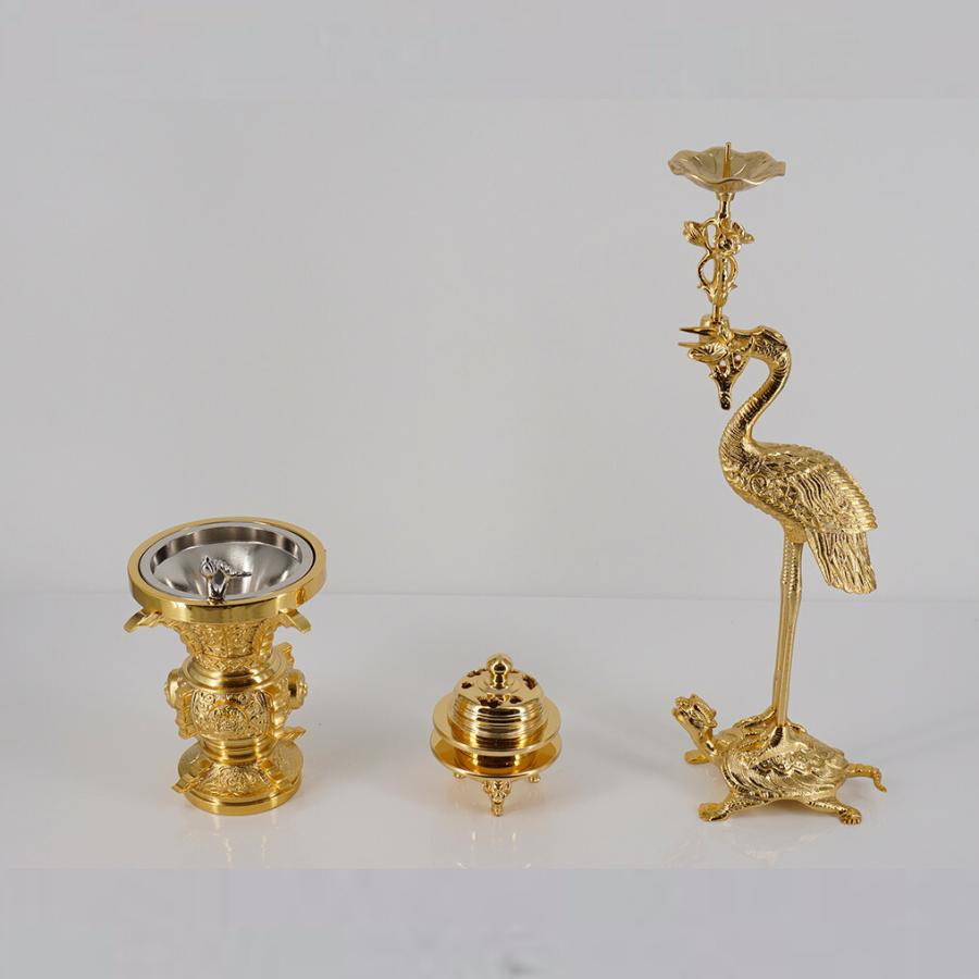本山彫入鶴亀 三具足（金メッキ） 3.5寸 花高10.9直径8.3口径7.3cm