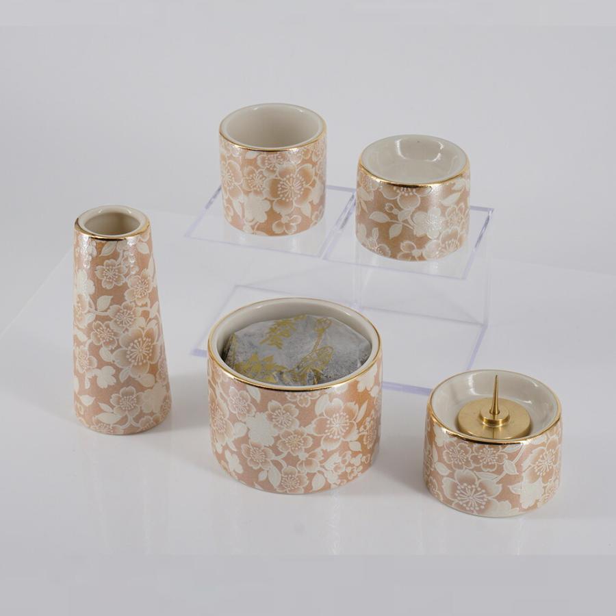 ゆい花（丸香炉）陶器５点セット シャンパンゴールド 3.0寸 花高9.3下直径4.1上直径3.0口径2.5cm