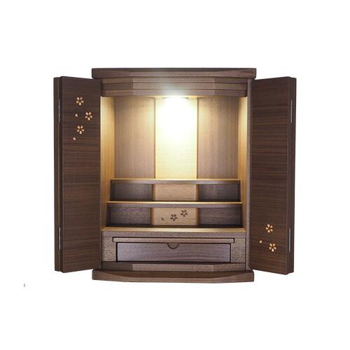 モダン仏壇 YA100242 楽々セットA ウォールナット製 オリジナル ミニ仏壇 上置型 18号 ダウンライト付 さくら模様入 上台棚1段取外し可 家具調 モダンの画像