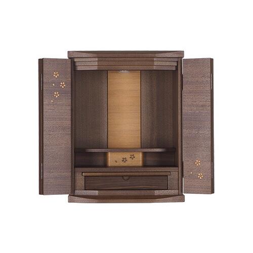 モダン仏壇 YA100242 楽々セットA ウォールナット製 オリジナル ミニ仏壇 上置型 18号 ダウンライト付 さくら模様入 上台棚1段取外し可 家具調 モダンの画像