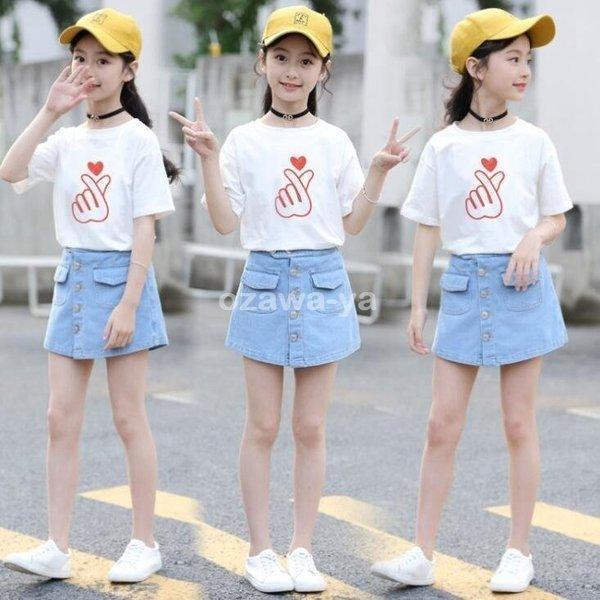 100%正規品 子供服セットアップキッズ女の子韓国子供服上下セット2点セットトップス半袖Tシャツミニスカートデニム半ズボン可愛い春夏通学着通園着  子ども服