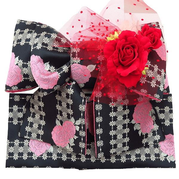 七五三 3〜5歳 女の子 結び帯(中寸)と箱セコペアセット【ピンクバラ×黒