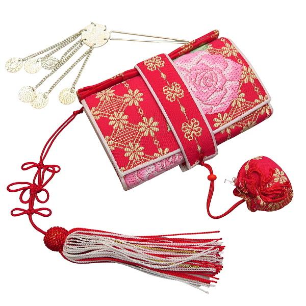 七五三 3〜5歳 女の子 結び帯(中寸)と箱セコペアセット【ピンクバラ×黒